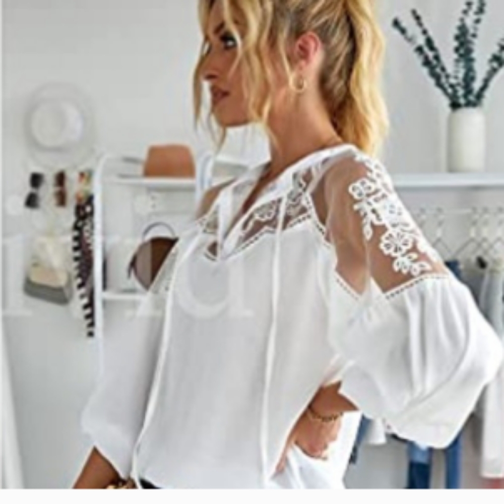 Womens White Vneck Crochet Lace accent blouse various sizes NWT - Picture 5 of 6
